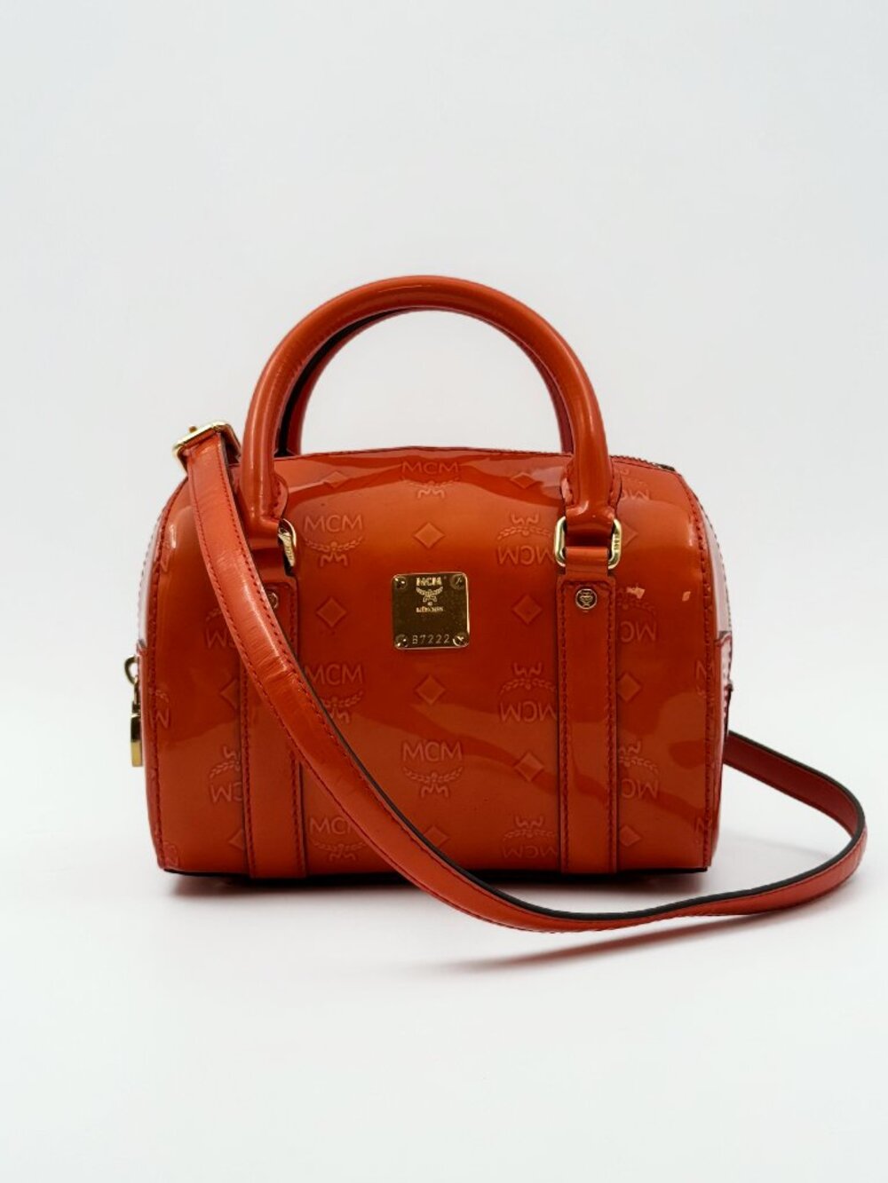 MCM Orange Patent Leather Visetos Mini Boston Bag Crossbody Top Handle